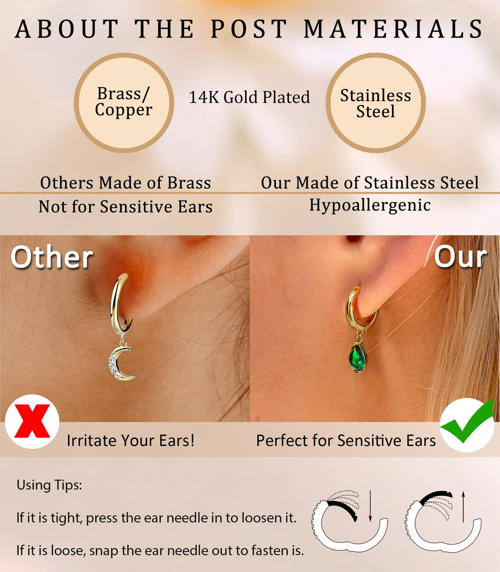 6 Pairs Emerald Green 14K Gold Plated Hoop Stud Earrings Stacks for Women