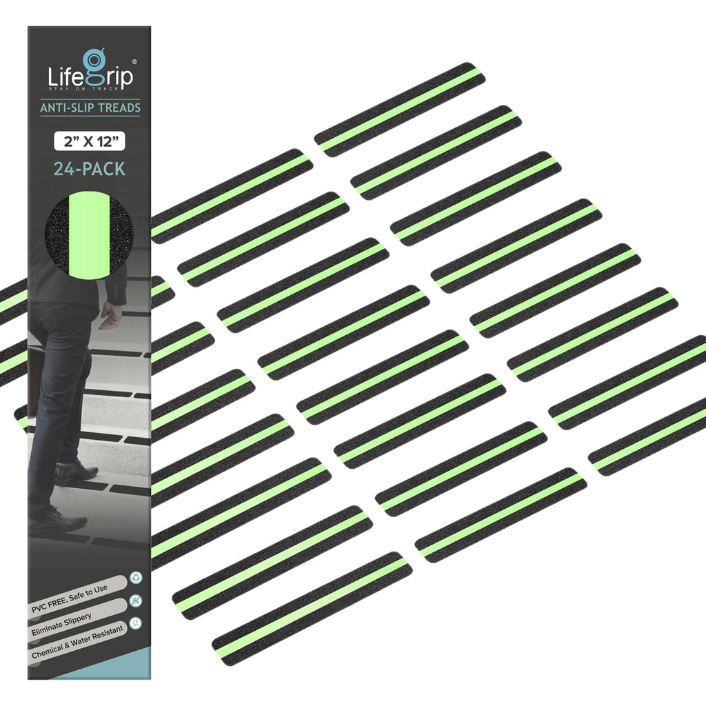 LifeGrip Anti Slip Traction Treads with Glow in Dark Stripe (24-Pack), 2" X 12", Best Grip Tape 80 Grit Non Slip, Pre-Cut Strips, Rounded Corners - Right Size and Ready to Use for Easy Application