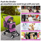 BLKMTY Dog Stroller 3-in-1 Folding Pet Strollers 4 Wheels Cat Stroller w/Storage Basket Dog Carrier Trolley One-Button Switch Travel Strollers with Safety Belt Detachable Carrier, Purple
