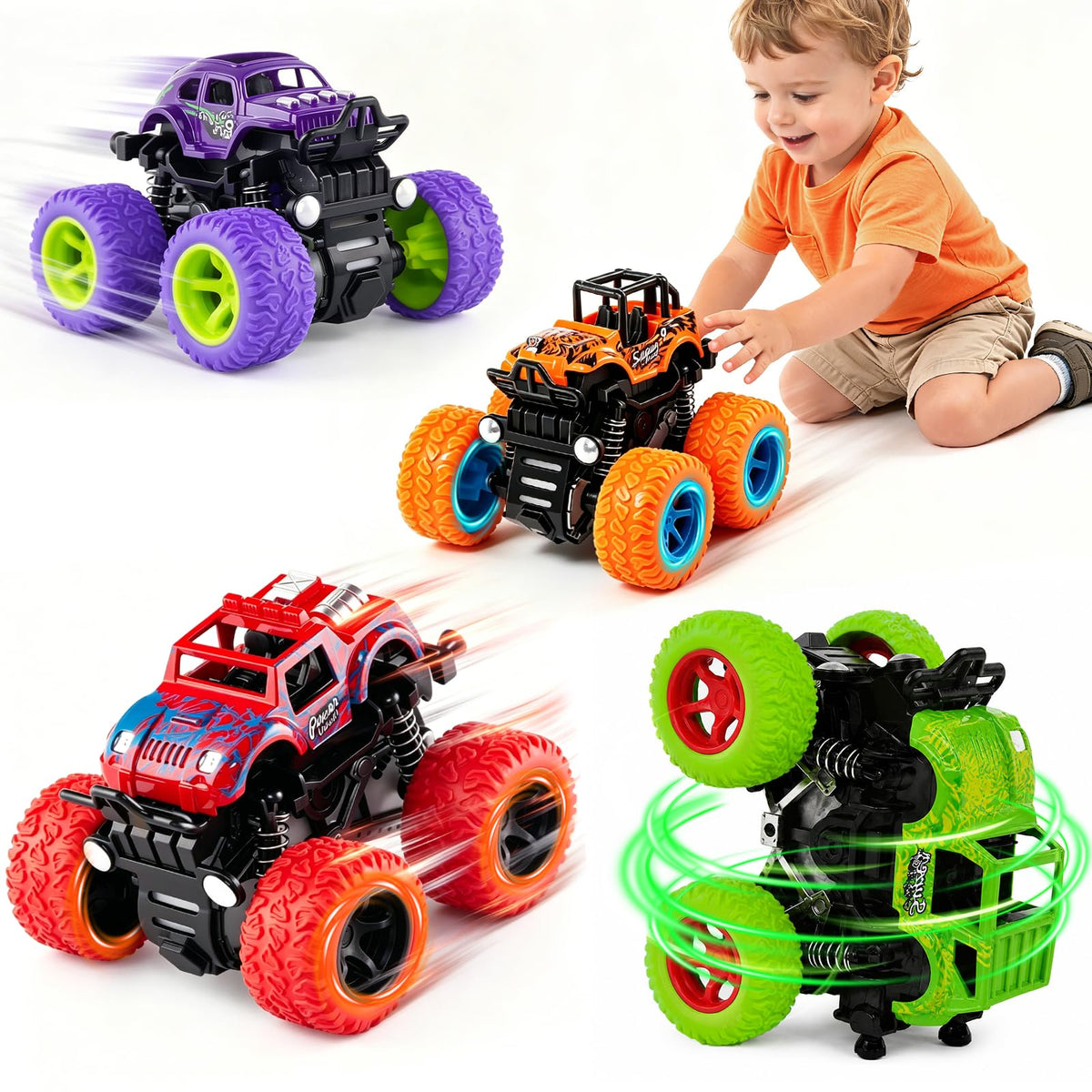 ANAOER 4 Pack Monster Trucks Toys for Boys 2 3 4 5 6 7 Year Old, Friction Powered Pull Back Car Toys for Toddlers Kids Ages 3-5 2-4 4-7, Best Birthday Christmas Party Gift for Boys and Toddlers