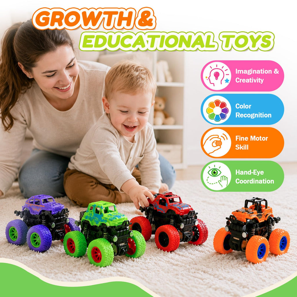 taessv Monster Truck Toys, 4 Pack Friction Powered Toy Cars Push and Go Truck Toys for Toddlers Kids Ages 2-4 3-5 4-7 Best Christmas Birthday Gift Party Favors for Boys and Girls 2 3 4 5 6 7 Year Old