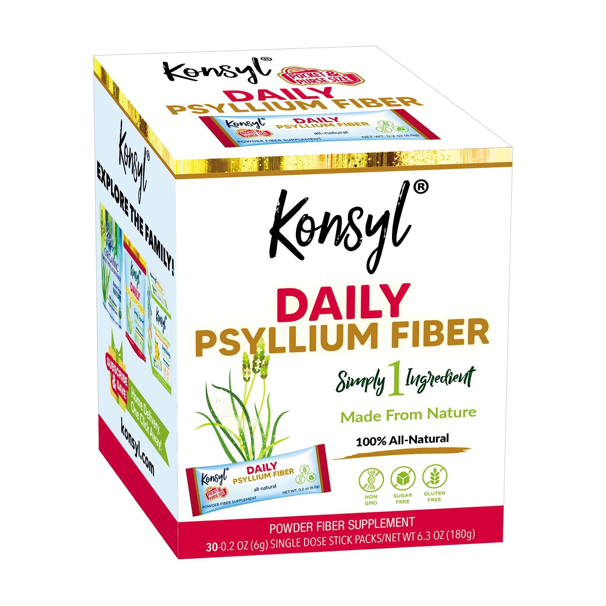 Konsyl Daily Psyllium Fiber Powder - Stick Packs - On-The-Go Fiber Supplement Powder - Convenient, All-Natural Soluble Fiber, Gluten-Free & Sugar-Free, Vegan & Keto - 30 Packets