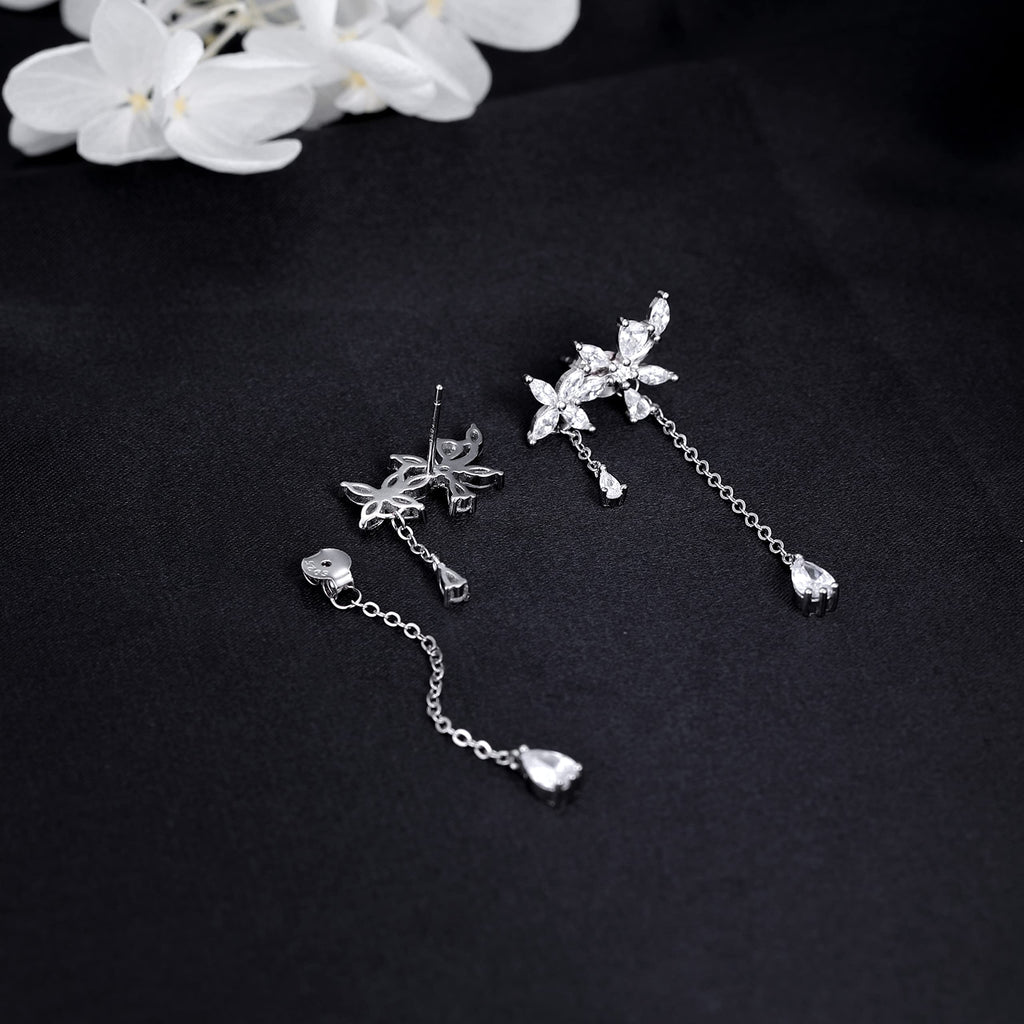 SLUYNZ 925 Sterling Silver Dainty CZ Flowers Wrap Earrings Dangle Chain for Women Elegant Bridal Wedding Earrings Engagement Drop (A-Silver)
