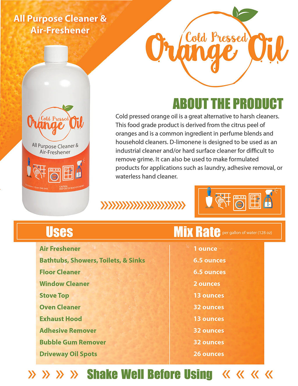 Bluewater Chemgroup Premium Cold Pressed Orange Oil Concentrate- 16 oz (with D-Limonene), Concentrated Cold Pressed Orange Oil Cleaner - All-Purpose Citrus Cleaner and Degreaser Blend