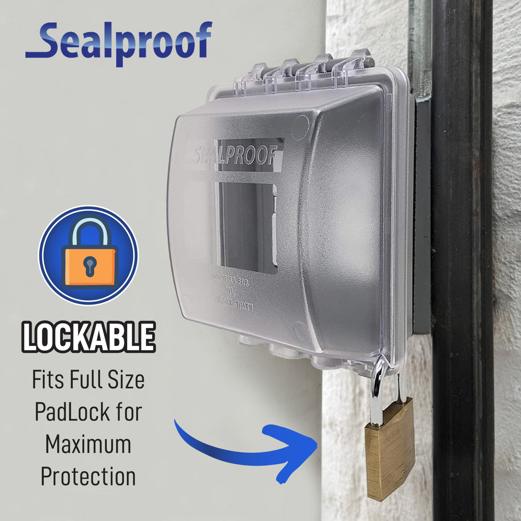 Sealproof 2-Gang Weatherproof Lockable In Use Electrical Power Outlet Cover, Two Gang, UL Extra Duty Compliant, 45-in1, Plastic Clear Frost