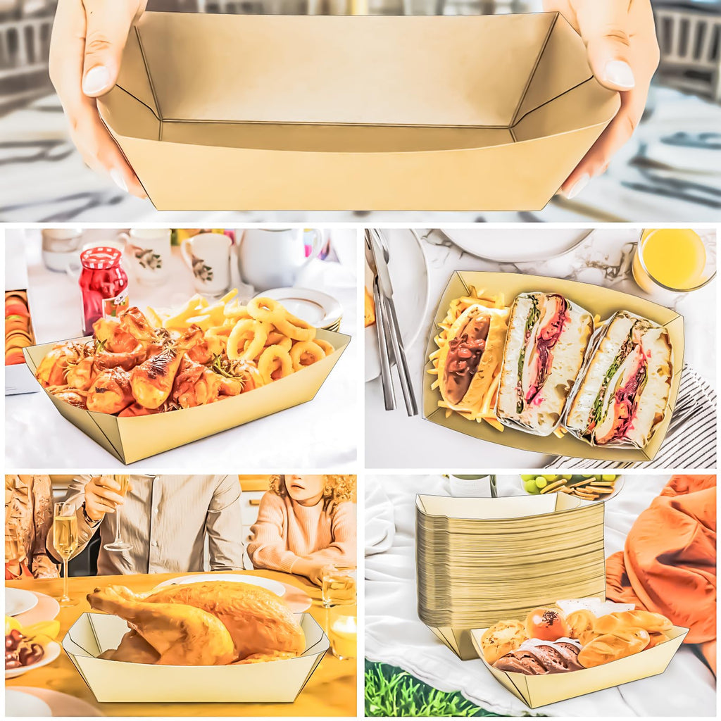 MotBach 125 Pack 5LB Extra Large Paper Food Boats Trays Disposable Paper Boat Plate Containers, Kraft Food Serving Tray Boat Basket Bowl for Snack Popcorn Burger Sandwich Taco BBQ Fries Dessert Nacho
