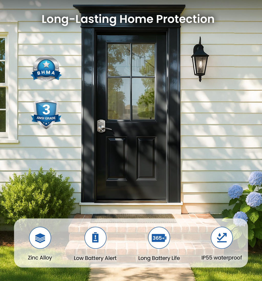 Veise Keypad Door Lock with Handle, Keyless Entry for Front Door & Bedroom, Electronic Lock with Code, Auto-Locking, Easy Installation, Passage Mode, Satin Nickel
