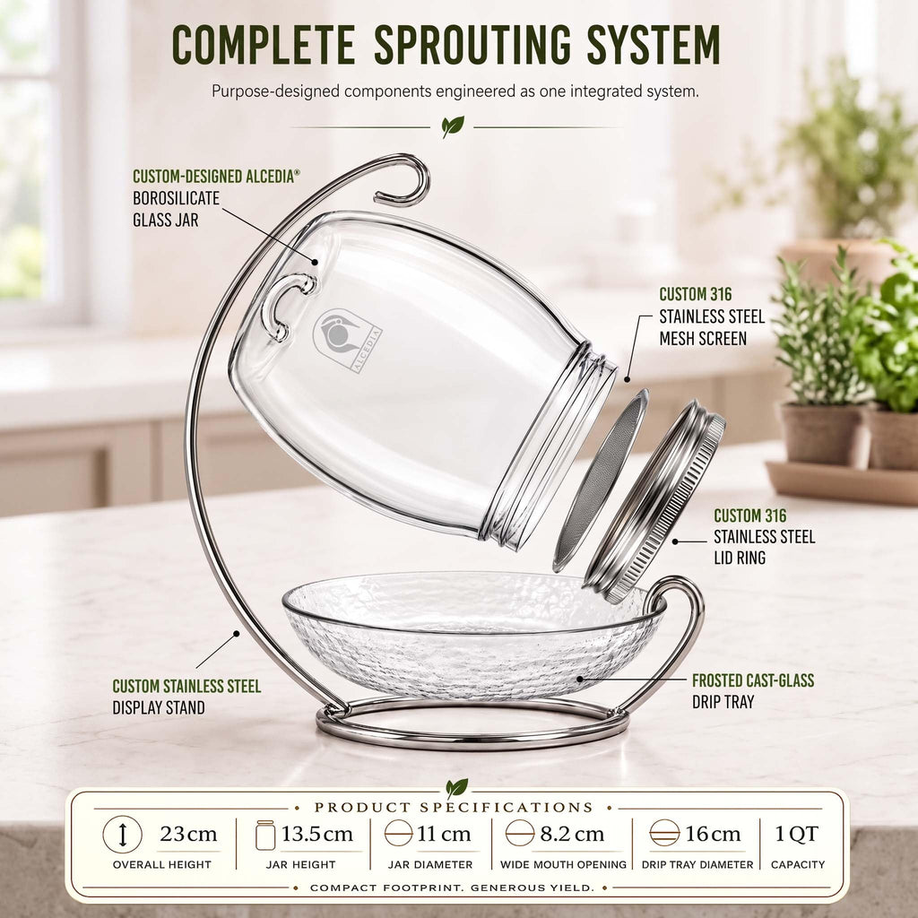 ALCEDIA Premium Sprouting Jar Kit - Unique 30 oz Wide Mouth Sprouting Jar, Stand, Tray and 316 Stainless Screen Lid | Decorative Indoor Seed Sprouter and Germinator (1 Kit)
