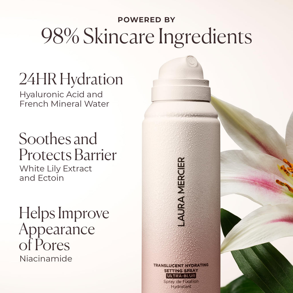 Laura Mercier Translucent Hydrating Setting Spray Ultra-Blur, Micro-Fine Blurring Face Mist, 24HR Shine Control, Natural Finish, Smudge & Transfer-Proof, Infused with Hyaluronic Acid + Niacinamide