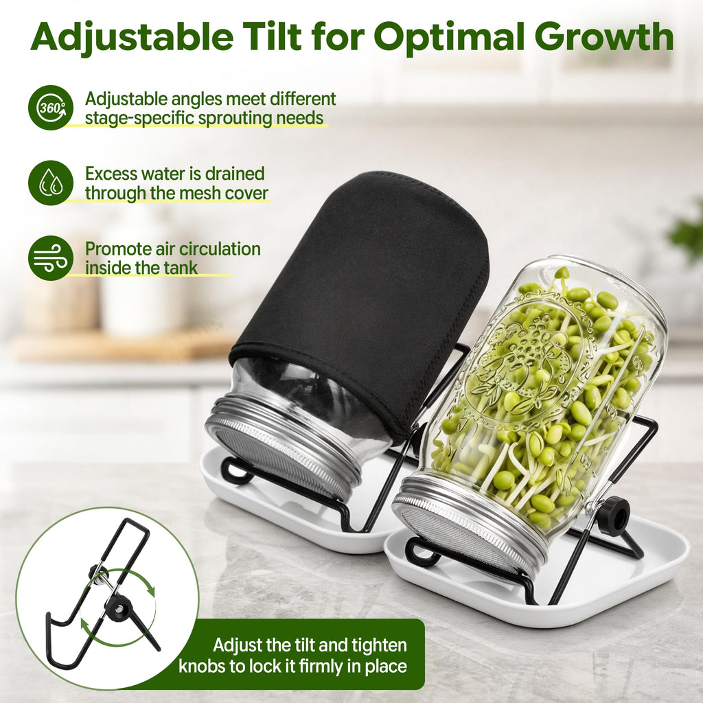 Wnfou 4 Pack Sprouting Jar Kit with Wide Mouth Mason Jars, Sprouting Lids, Stands, Drip Trays and Brushes, Seed Sprouter Set for Growing Broccoli, Mung Bean and Fresh Sprouts for Indoor Kitchen Use