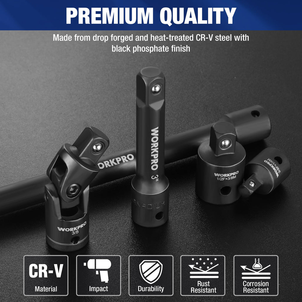WORKPRO 9-Piece Impact Socket Extension Set, Includes 3/8" Drive Extension Bar Set, 1/4", 3/8" & 1/2" Drive Universal Joints and Adapters, Premium Chrome Vanadium Steel with Black Phosphate Finish