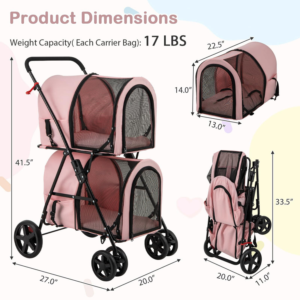 Giantex Double Pet Stroller with 2 Detachable Carrier Bags, Safety Belt, 4 Lockable Wheels, Folding Cat & Dog Stroller for Small Medium Pets, Cats Dogs Puppy Travel Strolling Cart (Pink)