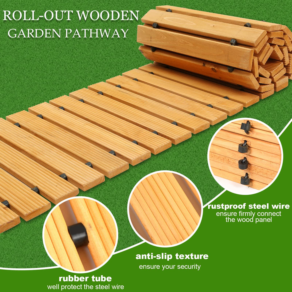10FT Wooden Garden Pathway, Outdoor Roll Out Wooden Walkway Pathway Pavers