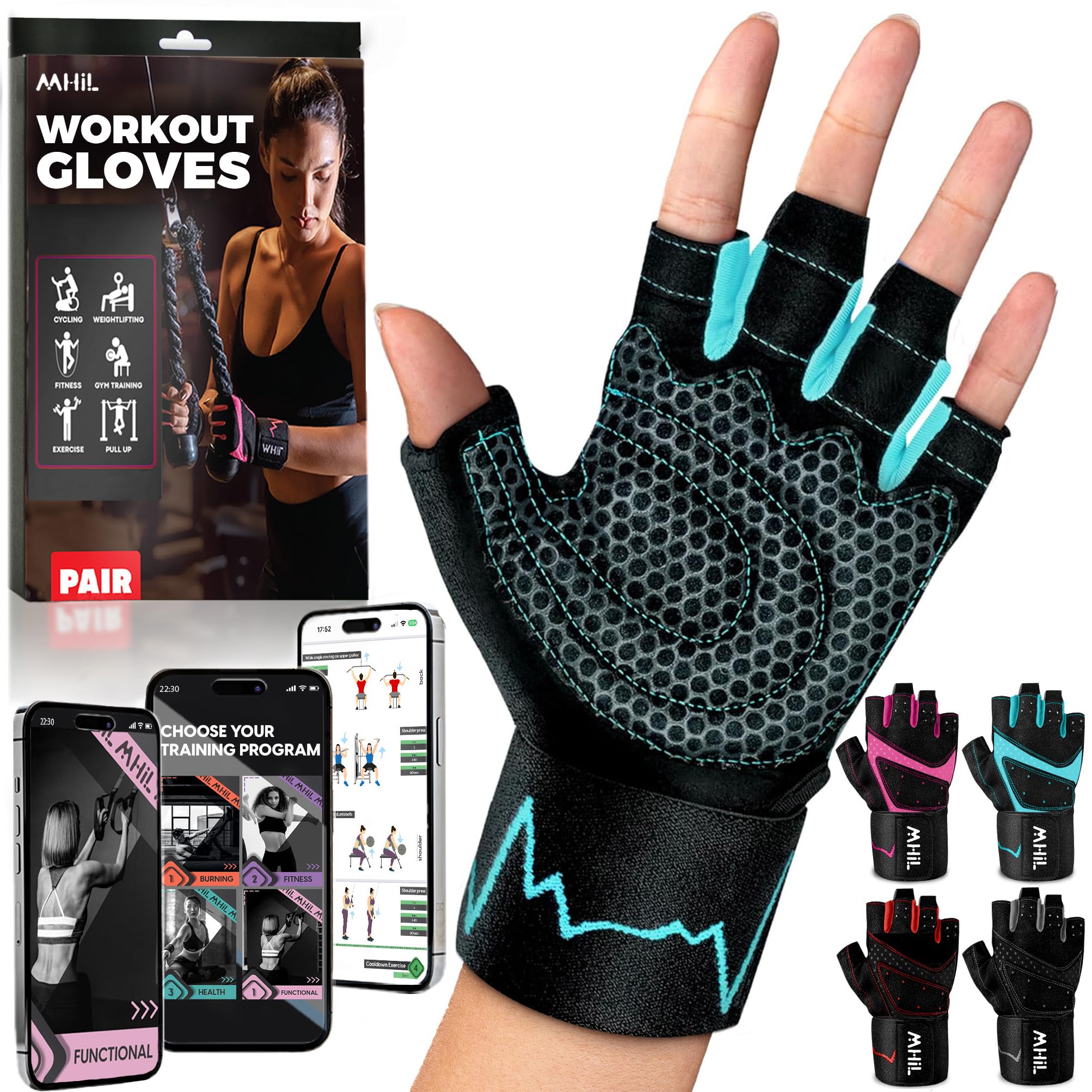 MhIL Workout Gloves for Women ��� Breathable Gym Gloves for Women with Palm Protection and Enhanced Grip ��� Padded Weight Lifting Glove for Womens with Wrist Wraps Support Weightlifting Exercise Cycling