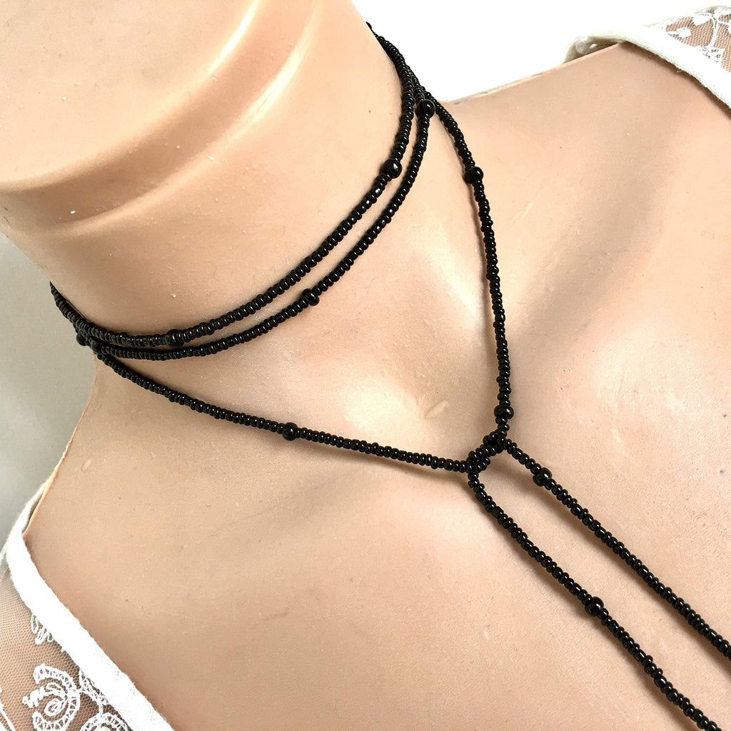 Wrapped Necklace, Black Seed Bead Jewelry, Long Layered Necklace, Tie chokier, Boho Wrapped Choker, Lariat Necklace, Christmas Gift Women