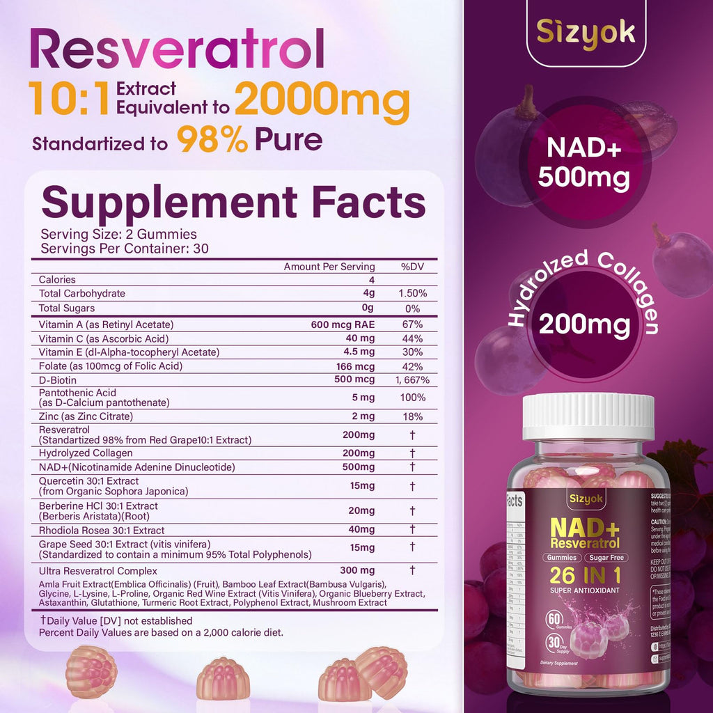 NAD Resveratrol Gummies, NAD supplements for Women with Hydrolyzed Collagen, Grape Seed, and D-Biotin Support Antioxidant Action, Anti-Aging, Cell Regeneration & Energy, Sugar-Free, 60 Gummies, 3 Pack