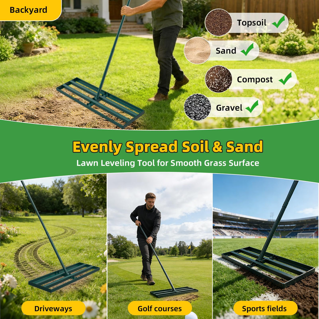 Stainless Steel Lawn Leveling Rake with 70" Adjustable Long Handle – 30"×10" Lawn Leveler for Yard & Garden Soil Leveling, Heavy Duty Top Dressing Rake for Lawn Repair, Landscaping & Grass Care