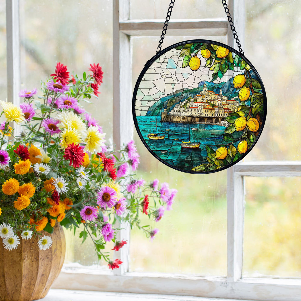 XINCEYWJ Mediterranean Tuscan Decor, Italian Lemon Amalfi Coast Suncatchers Stained Glass Window Hanging, Summer Beach Sun Catchers Indoor Window Glass Round Wall Decor, 7.9x7.9in