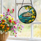 XINCEYWJ Mediterranean Tuscan Decor, Italian Lemon Amalfi Coast Suncatchers Stained Glass Window Hanging, Summer Beach Sun Catchers Indoor Window Glass Round Wall Decor, 7.9x7.9in