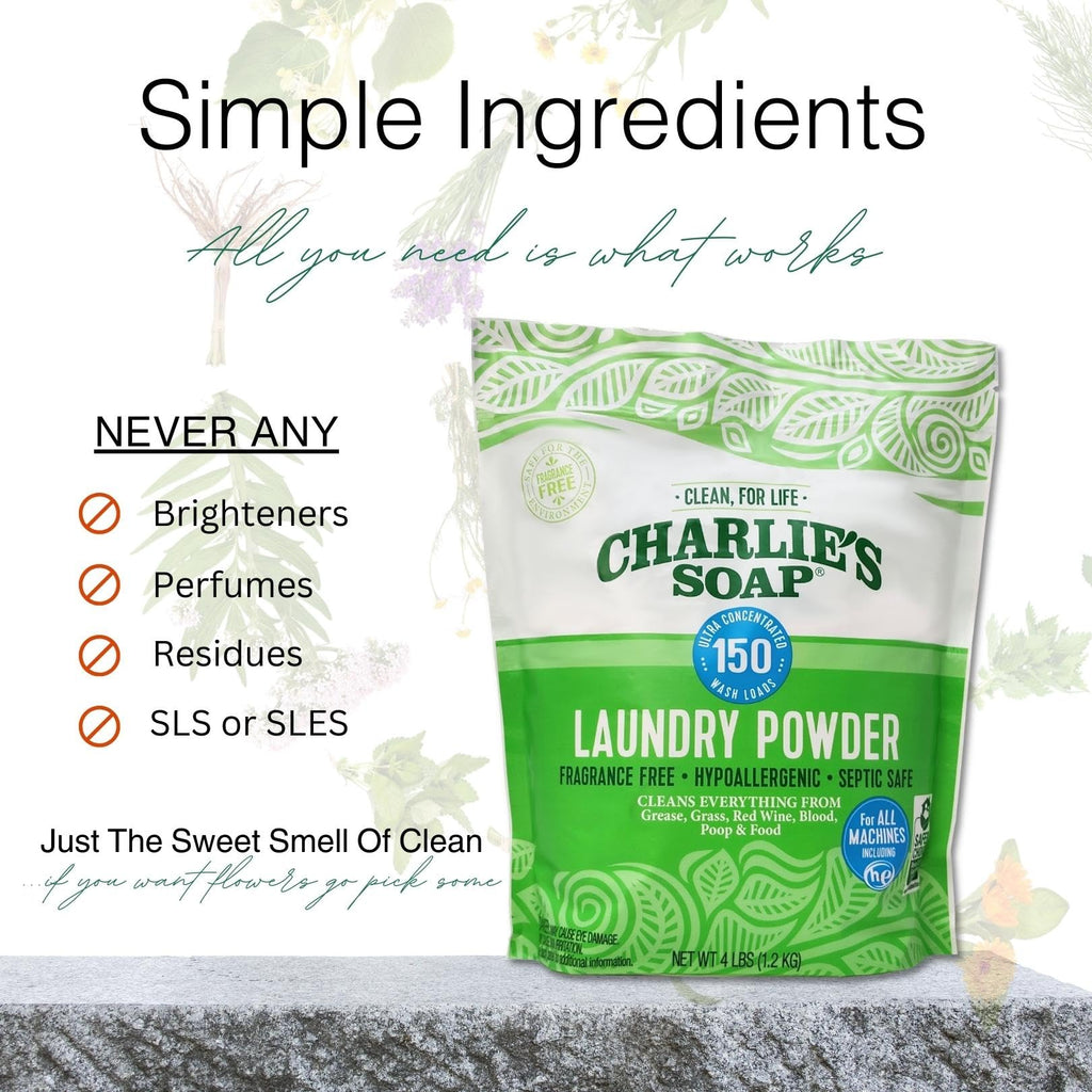 Charlie’s Soap Laundry Powder Detergent (150 Loads, 1 Pack) Fragrance Free Hypoallergenic Deep Cleaning Laundry Detergent Powder – Residue Free, HE Compatible, Septic Safe