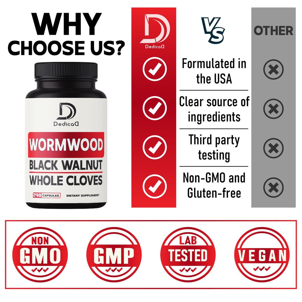 DEDICAD Sweet Wormwood Capsules 1500mg with Black Walnut & Cloves - 240 Vegan Capsules - Artemisia Annua Supplement for Immunity