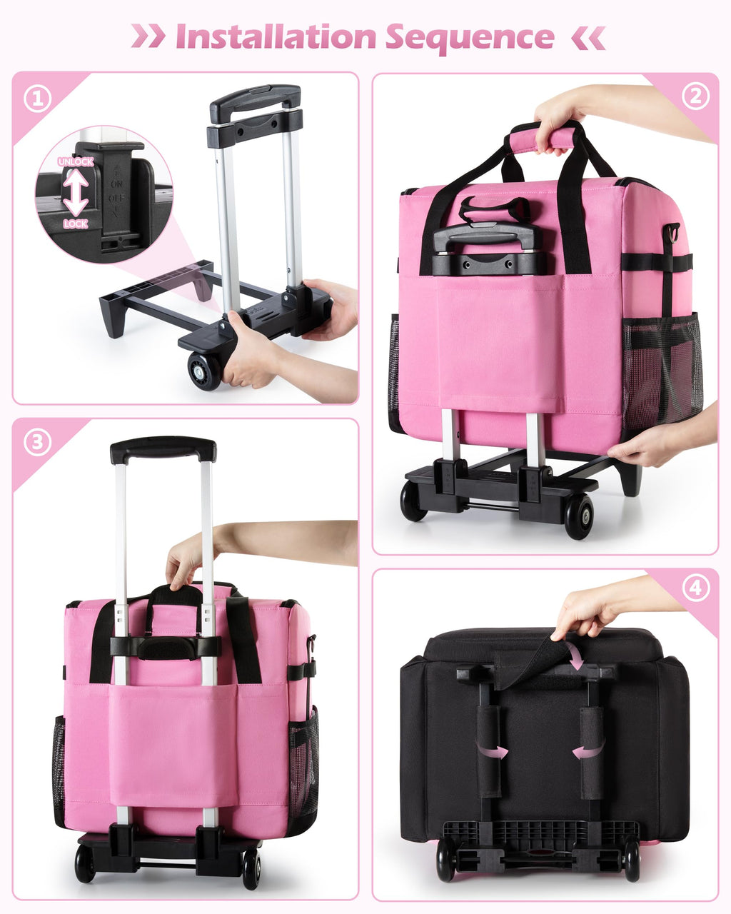 Marscamd Large Rolling Cleaning Caddy Bag with Detachable Trolley, Pink