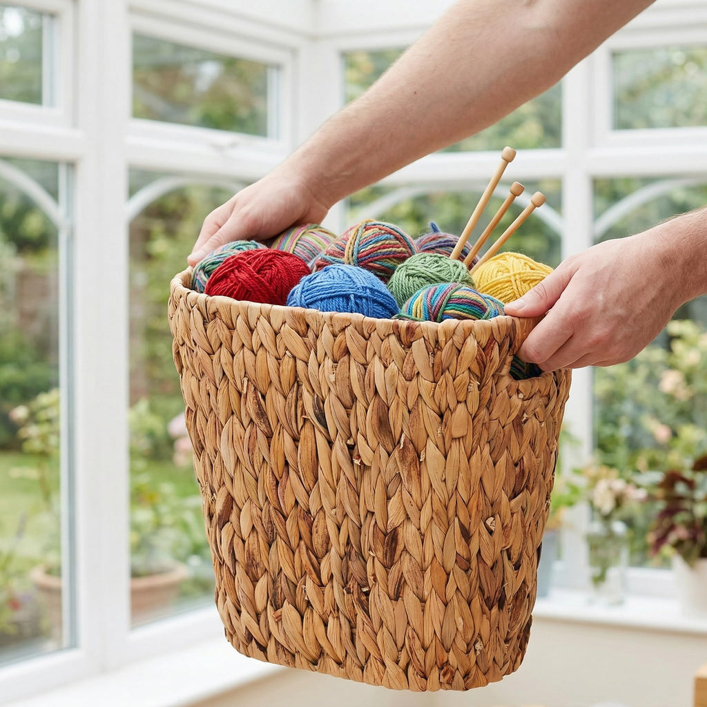 Pumtus Woven Trash Can, Handwoven Bathroom Waste Basket with Built-in Handles, Water Hyacinth Storage Bin, Garbage Laundry Magazine Container for Bedroom, Kitchen, Office, Utility Room