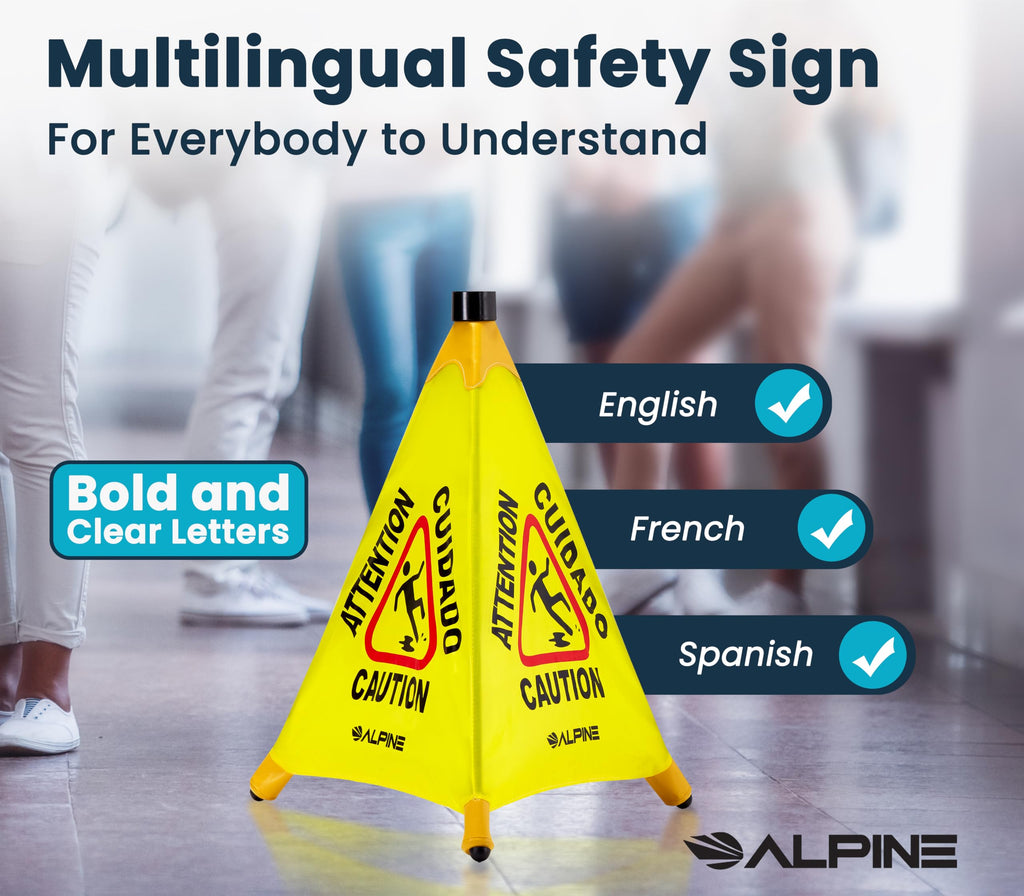 Alpine Caution Wet Floor Sign - Pop Up Slippery When Wet Sign, Wall Mounted Foldable Bilingual Yellow Safety Warning Caution Cone For Commercial & Office Use (20 Inches)