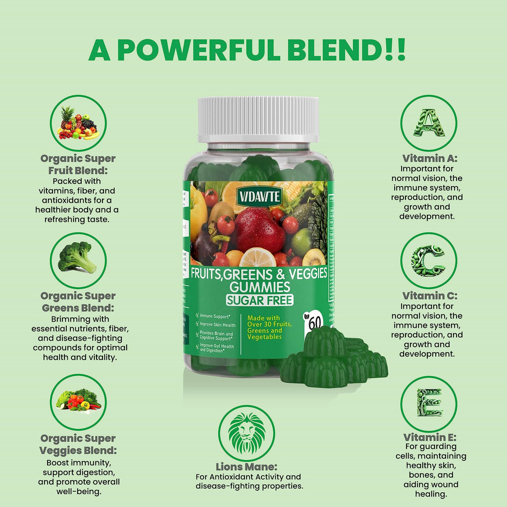 VIDAVITE Sugar-free Super Greens Gummies — US-Made, 35+ Fruit and Veggie gummies to Boost Immunity, Skin & Gut Health — Ideal Fruits and Vegetables Supplement for Adults & Picky Teens (30-Days Supply)