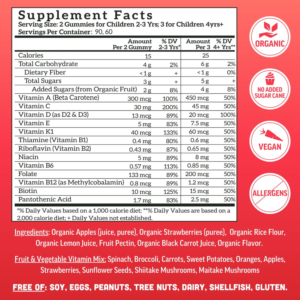 Llama Naturals Kids Multivitamin Gummies | Real Fruit, No Added Sugar Cane | Organic Vegan Toddler Whole Food Vitamins | Vitamin D, C & Beta Carotene Gummy Supplement | Strawberry 180 Ct (2-3 Months)