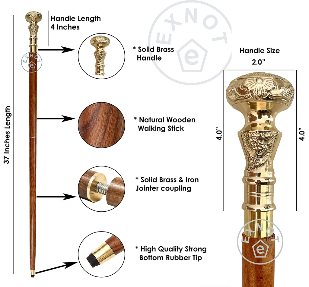 EXNOT Vintage Brass Handle Victorian Telescope Fold able Wooden Walking Stick Walking Cane Ideal Gift