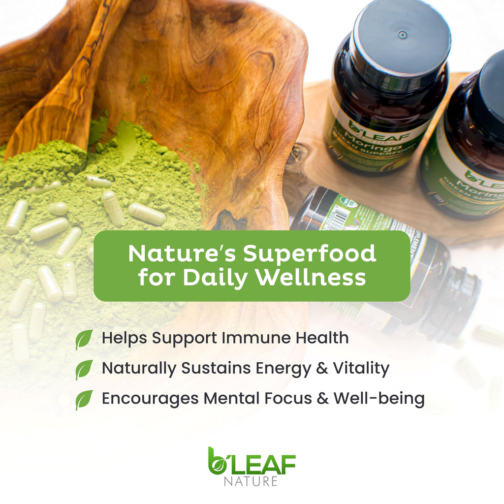 B’Leaf Nature 100% Pure Organic Moringa Oleifera Leaf Powder Capsules I Immune Support I 1000mg per serving I Gluten-Free Non-GMO I Superfood w/ Essential Vitamins & Amino Acids I 180 Veggie Capsules