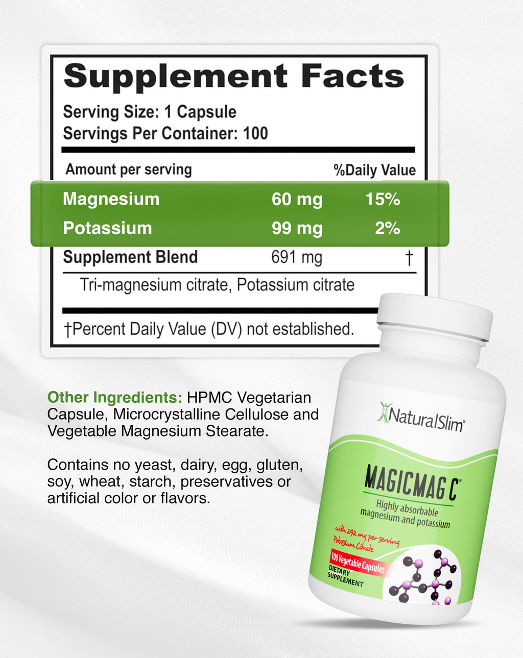 MagicMag C by NaturalSlim, Magnesium Citrate Capsules for Muscle Relaxation, Sleep Quality, Nerve Function & Electrolyte Support, Daily Magnesium Supplement for Men and Women, 100 Capsules