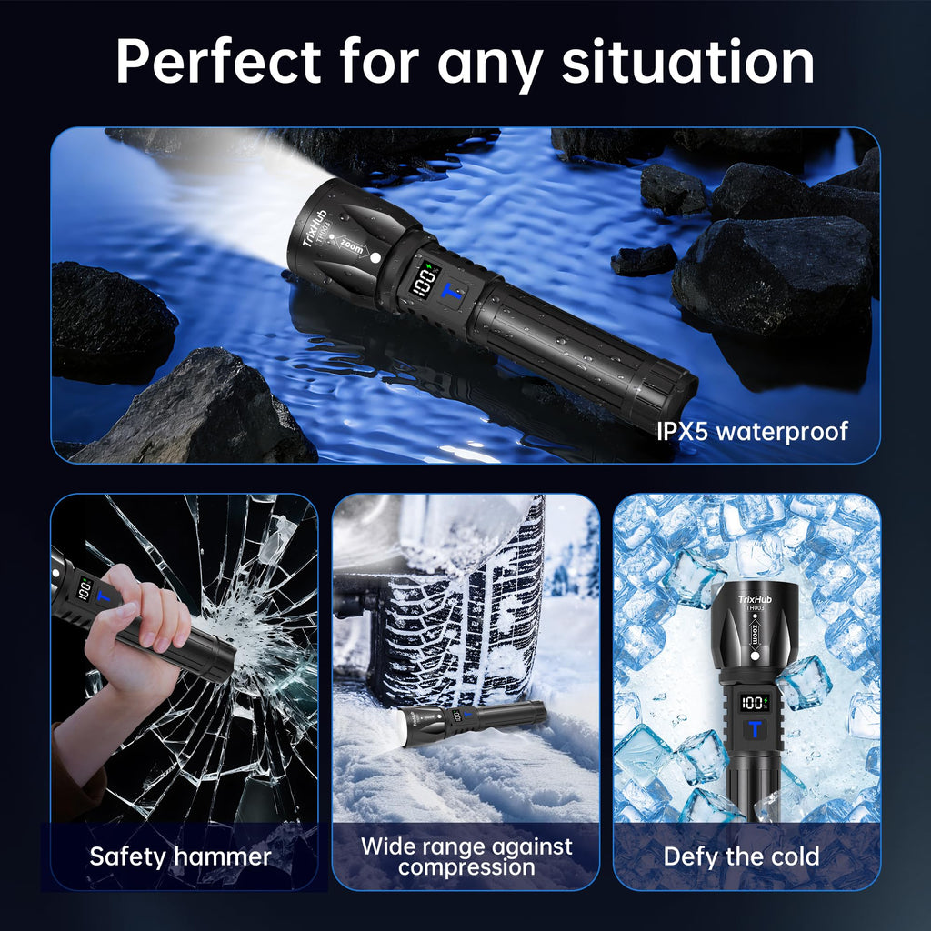 TrixHub Rechargeable Flashlights High Lumens 2Pack, 5Mode Flash Light with LCD Digital Display, Super Bright Adjustable Tactical Flashlight, High Powered LED Handheld Flashlight for Home