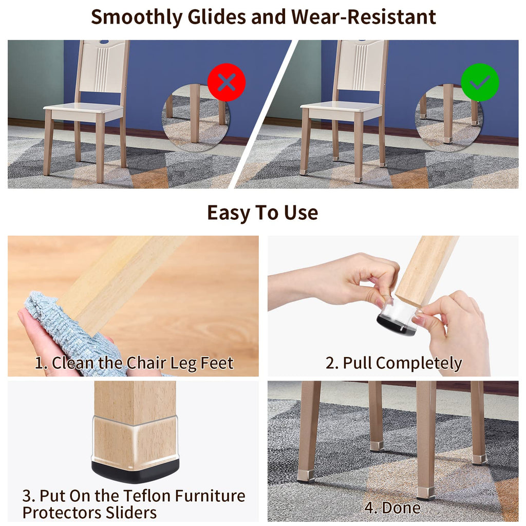 Ezprotekt Chair Leg Sliders for Carpet, 24 Pcs Square Chair Glides for Carpet, Carpet Furniture Pads Stool Leg Protectors Caps, Carpet Furniture Glides Quickly and Easily (L Fit:1" - 1.4")