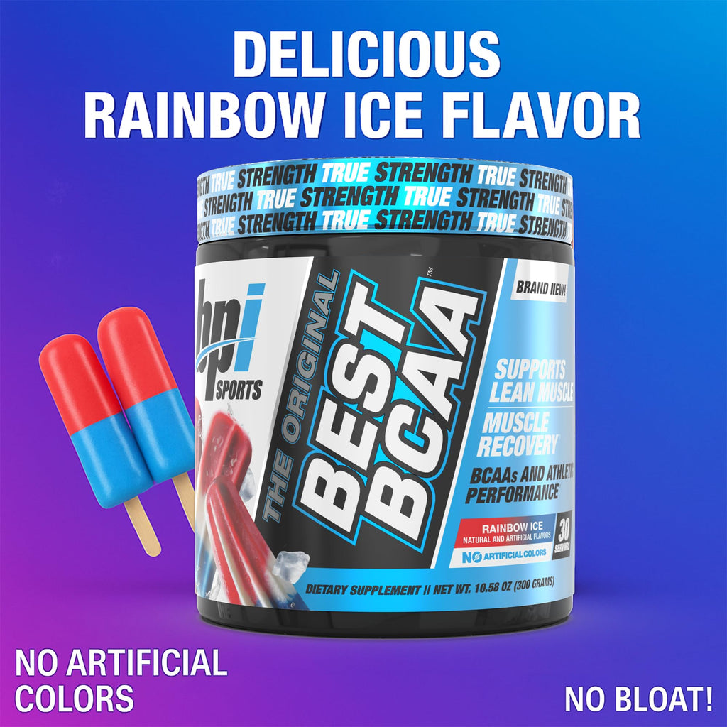 BPI Sports Best BCAA Powder - Muscle Recovery Support - Branched Chain Amino Acids | Building Blocks of Protein and Muscle - Post Workout Recovery – Hydration – Rainbow Ice, 30 Servings