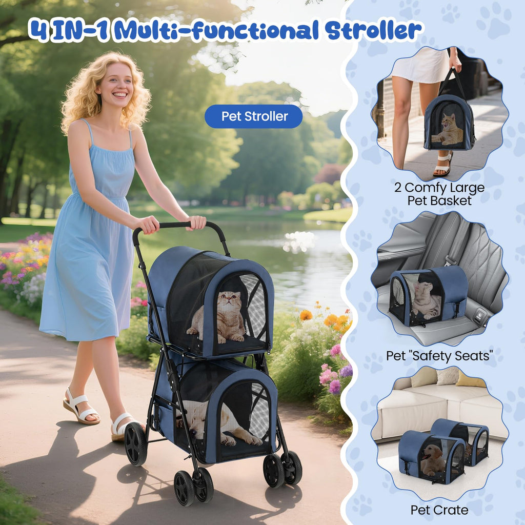HAPPAWS Dog Stroller with 2 Detachable Carrier, Pet Stroller for Small Medium Dogs Cats, Jogger/Travel/Camping, 4-in-1 Doggy Pet Carrier, Carrier Strolling Cart with Lockable Wheels, Navy Blue