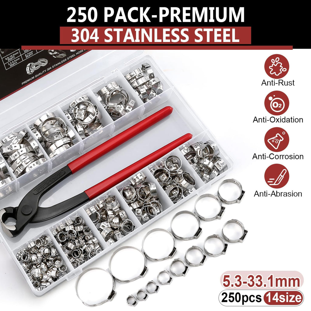 Hydencamm 250PCS 14 Sizes Single Ear Hose Clamp, 5.3-33.1mm 304 Stainless Steel Ear Clamp Kit with Ear Clamp Pincer, Stepless Hose Clamps Cinch Rings for Automotive, Home Appliance Line and Plumbing