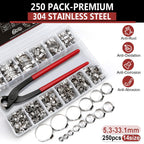 Hydencamm 250PCS 14 Sizes Single Ear Hose Clamp, 5.3-33.1mm 304 Stainless Steel Ear Clamp Kit with Ear Clamp Pincer, Stepless Hose Clamps Cinch Rings for Automotive, Home Appliance Line and Plumbing