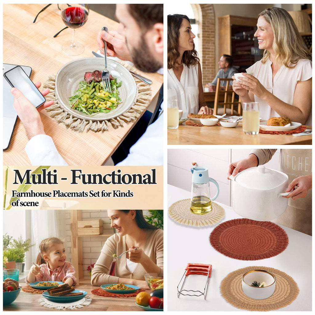 13 Inch Round Cotton Placemat Set of 4 Boho Placemats Table Mats Woven Washable Table Placemats for Fall Kitchen Dining Home Farmhouse Thanksgiving Christmas Decoration Heat Resistant Place Mat