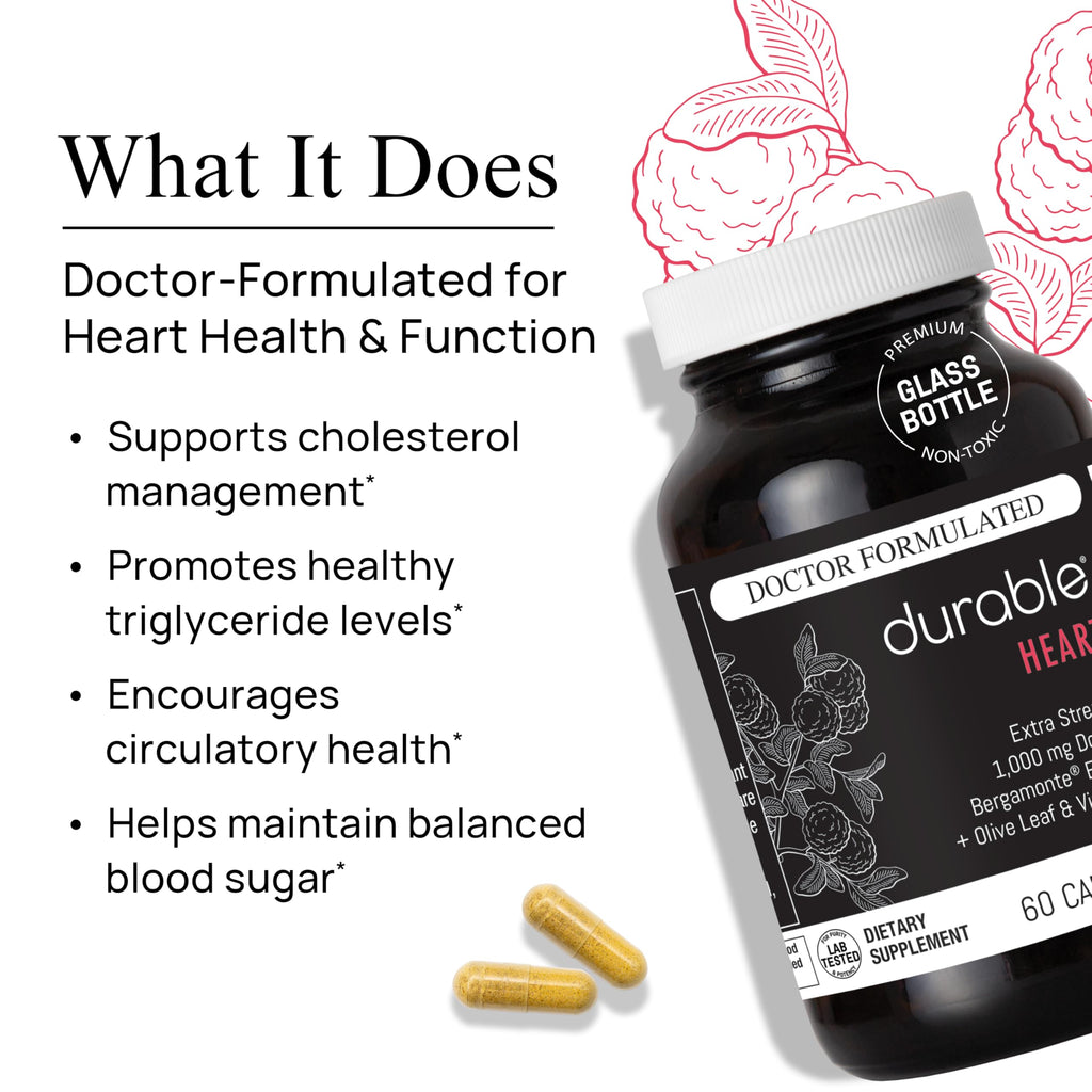 Durable Heart – Bergamonte Citrus Bergamot 1,000 mg + Olive Leaf Extract + Vitamin C - Heart Health Supplement for Healthy Cholesterol - Doctor Formulated, Vegan, Non-GMO, Made in USA (180 Capsules)