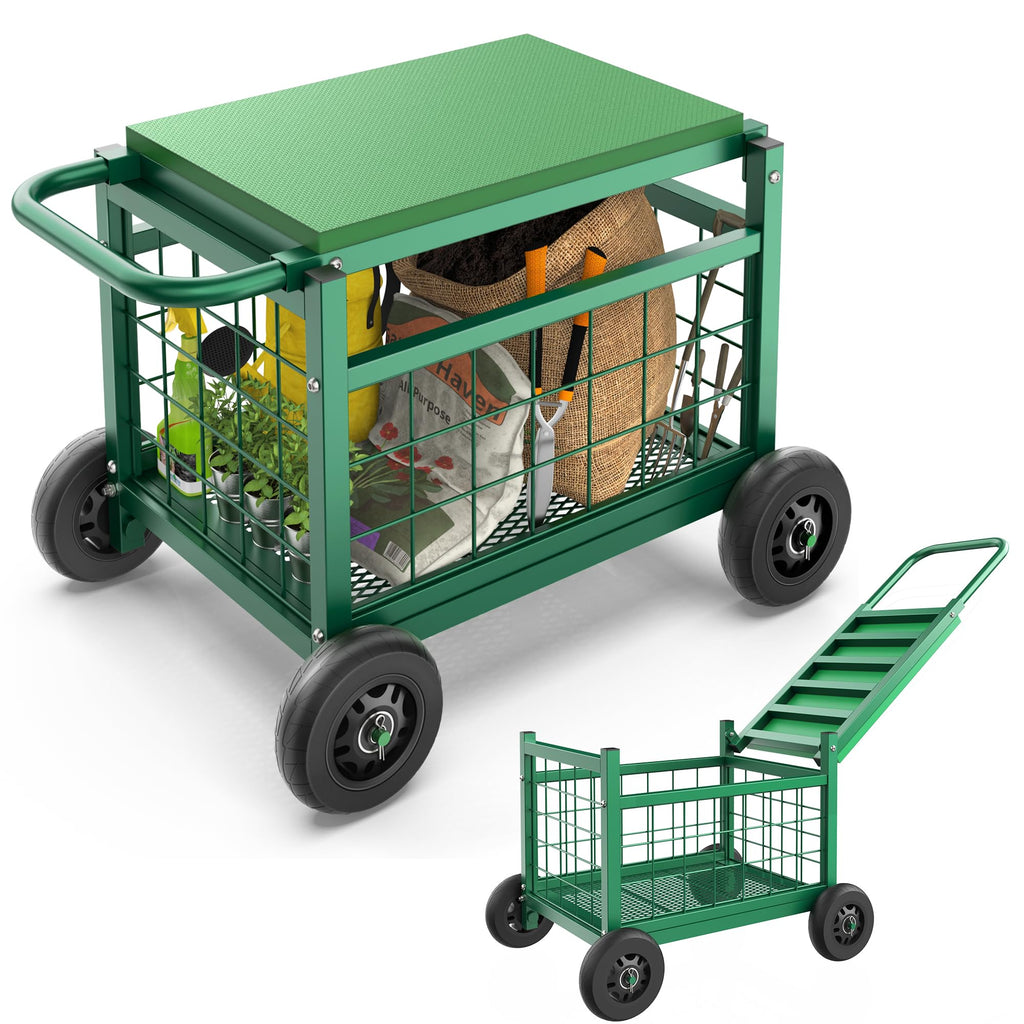 Garden Cart with Seat,3-in-1 Rolling Seat with Wheels for Seniors Gardening