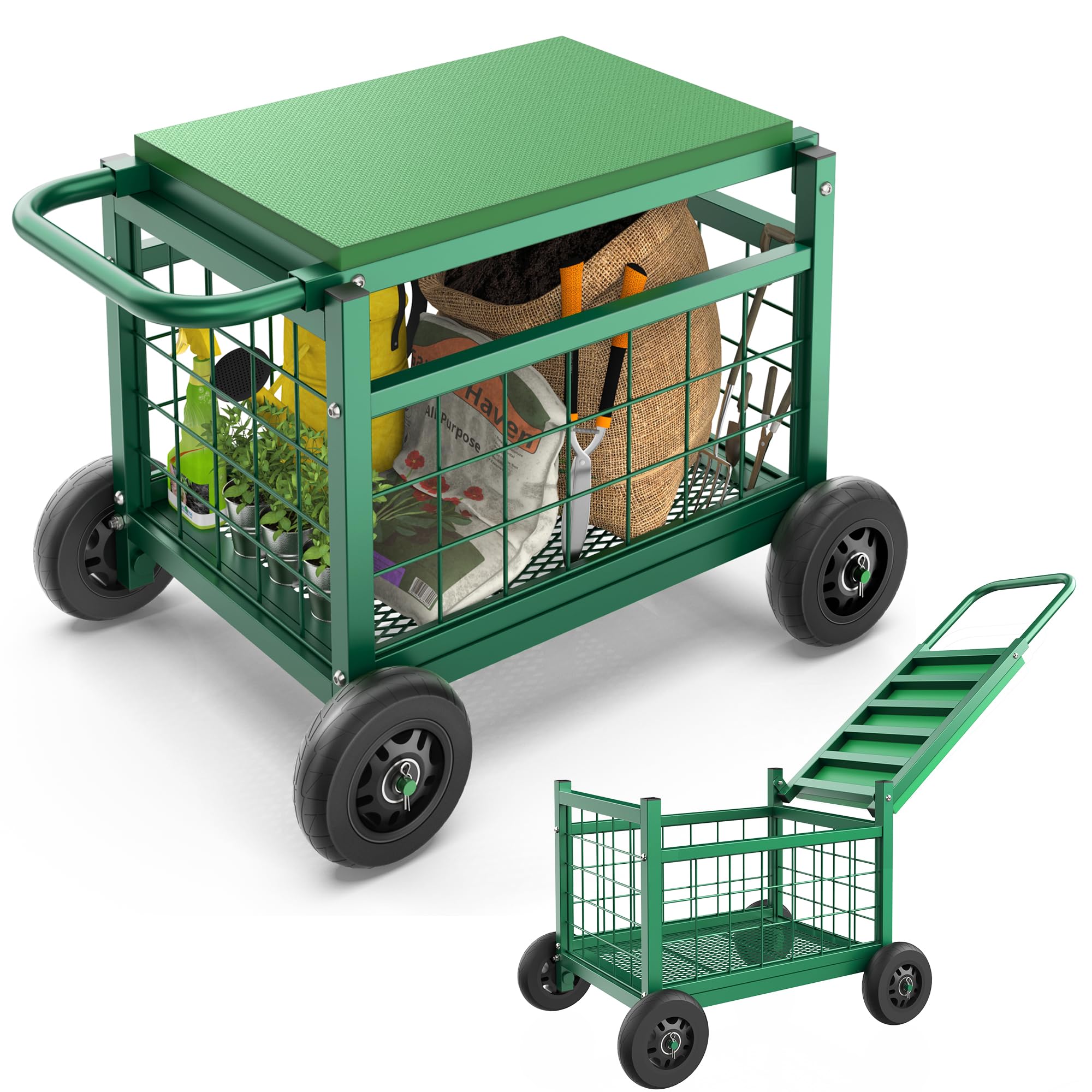 Garden Cart with Seat,3-in-1 Rolling Seat with Wheels for Seniors Gardening