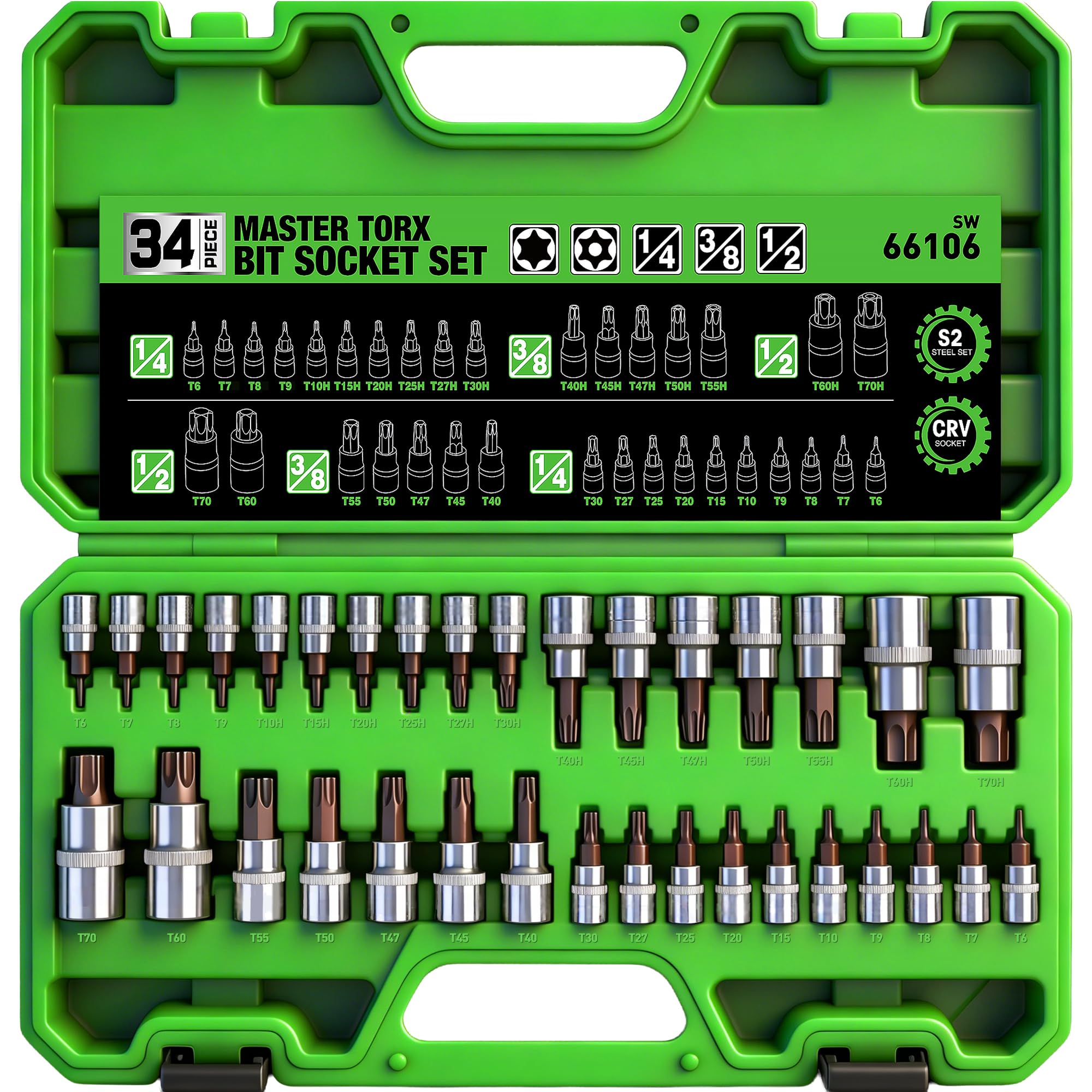 34-Piece Torx Bit Socket Set, Tamper Proof T6-T70, Solid Star Bits Set, Premium CR-V & S2 Alloy Steel Star Socket Sets, Torque Bit Sets with Storage Case