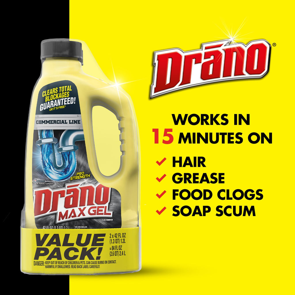 Drano Max Gel Drain Clog Remover & Cleaner, Commercial Line, 42 oz 2-Pack