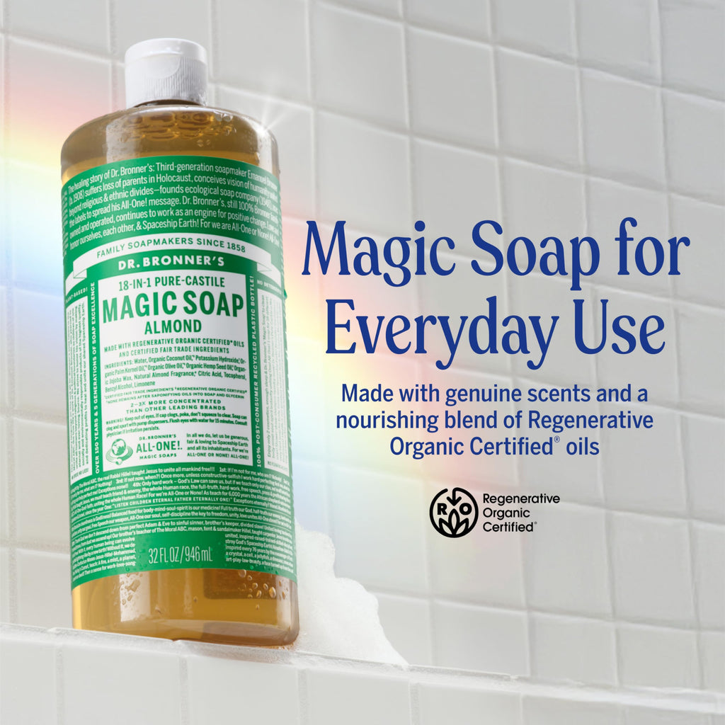 Dr. Bronner's Pure-Castile Magic Liquid Soap (Almond, 32 Ounce, 2-Pack)- Made with Regenerative Organic Certified Oils, 18-in1 Uses: Face, Hair, Hand & Body Soap, Laundry, Pets- Concentrated, Vegan