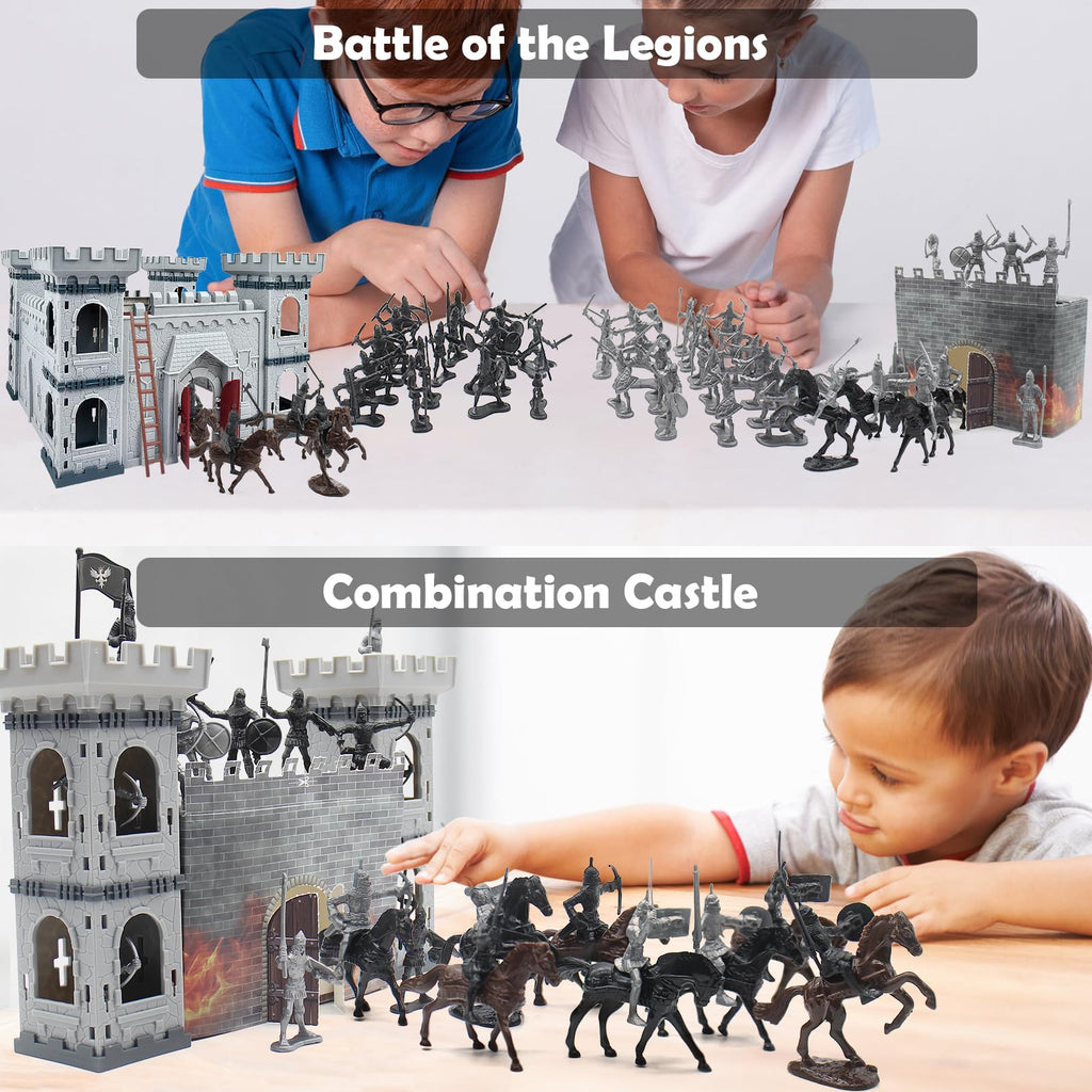 Plustopoy Medieval Castle Knight Toy Soldier Army Figurines, DIY Assembled Cavalry, Arrow Tower,8 Knights and 8 Horse, 36 Soldiers, Simulated Siege War of Attack Castle Toy for Boys