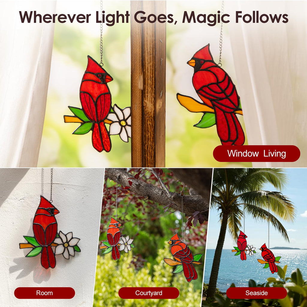 2 Pcs Red Cardinal Stained Glass Suncatchers, for Mom,Nana
