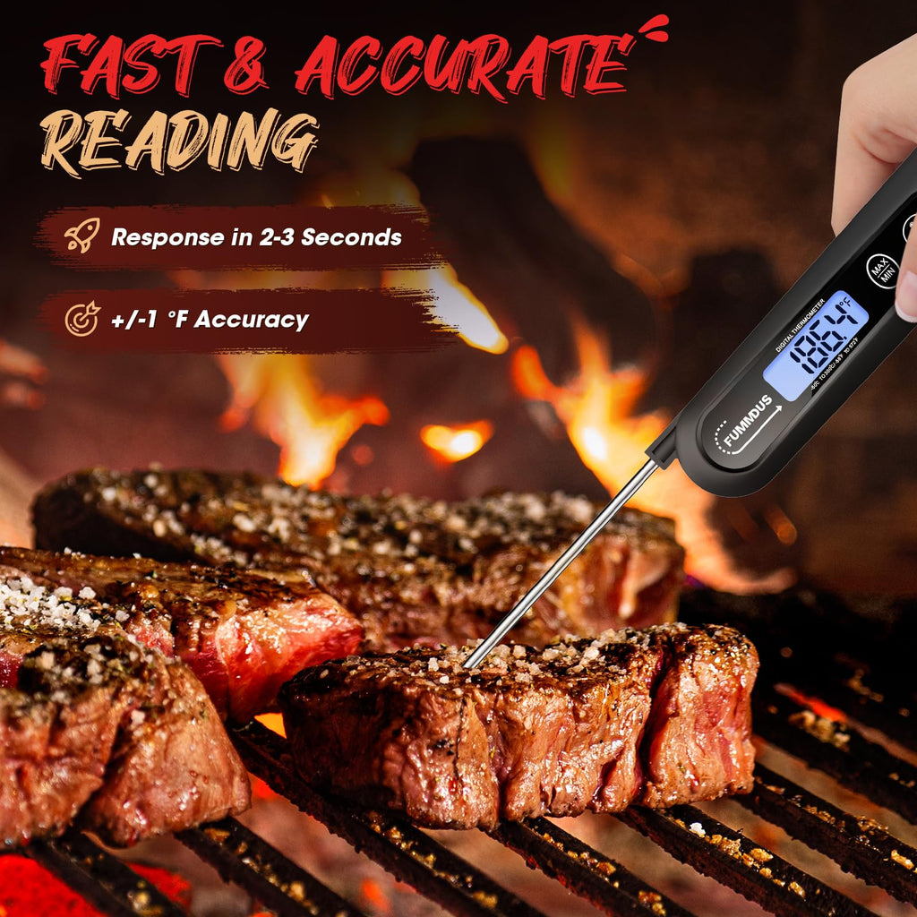 FUMMDUS Meat Thermometer Digital, 3S Instant Read Food Thermometer for Cooking with Backlight & Magnet, Foldable Temperature Probe Kitchen Gadgets Essentials for BBQ Oven Grill Smoker Candy
