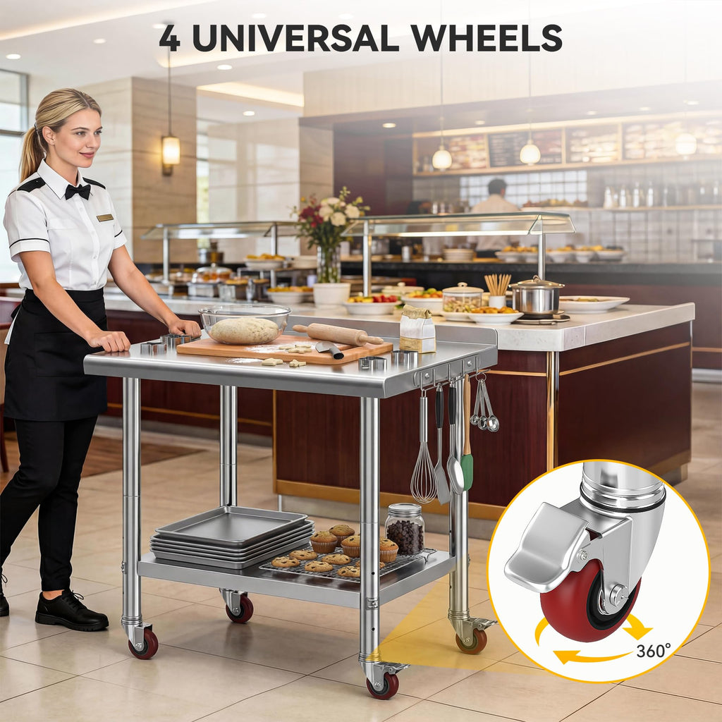 DWVO 36x24in Stainless Steel Table, NSF Metal Prep Worktable with Backsplash & Wheels for Kitchen Restaurant Hotel Garage Warehouse Home